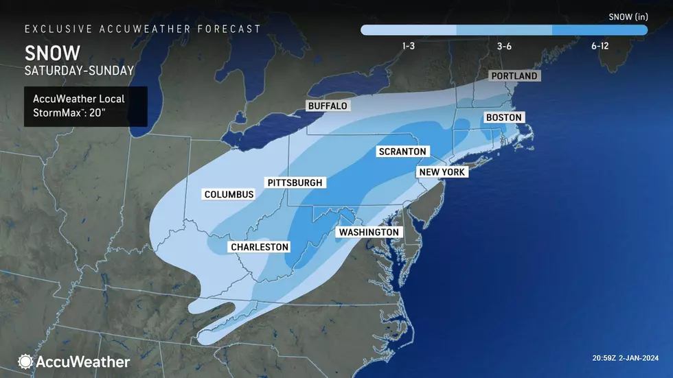 The "sweet spot" for snowfall from this weekend's storm looks to be be west and north of NJ. (Accuweather)