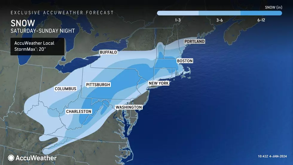 Zooming out on potential snowfall this weekend, the "sweet spot" of nearly a foot of snow will be west and north of New Jersey. (Accuweather)