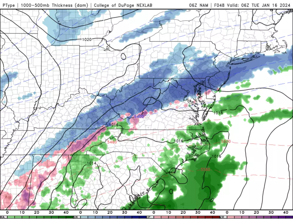 NAM model forecast for early Tuesday morning shows persistent light snow across New Jersey, potentially leading to a few inches of accumulation and slippery travel by Tuesday afternoon. (College of DuPage Meteorology)