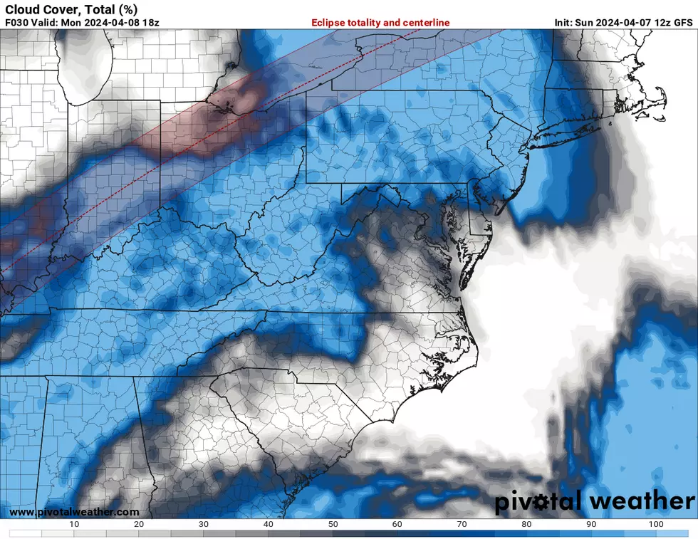 On the other hand, the GFS shows cloud cover may indeed interfere with the peak of Monday's eclipse here in New Jersey. (Pivotal Weather)