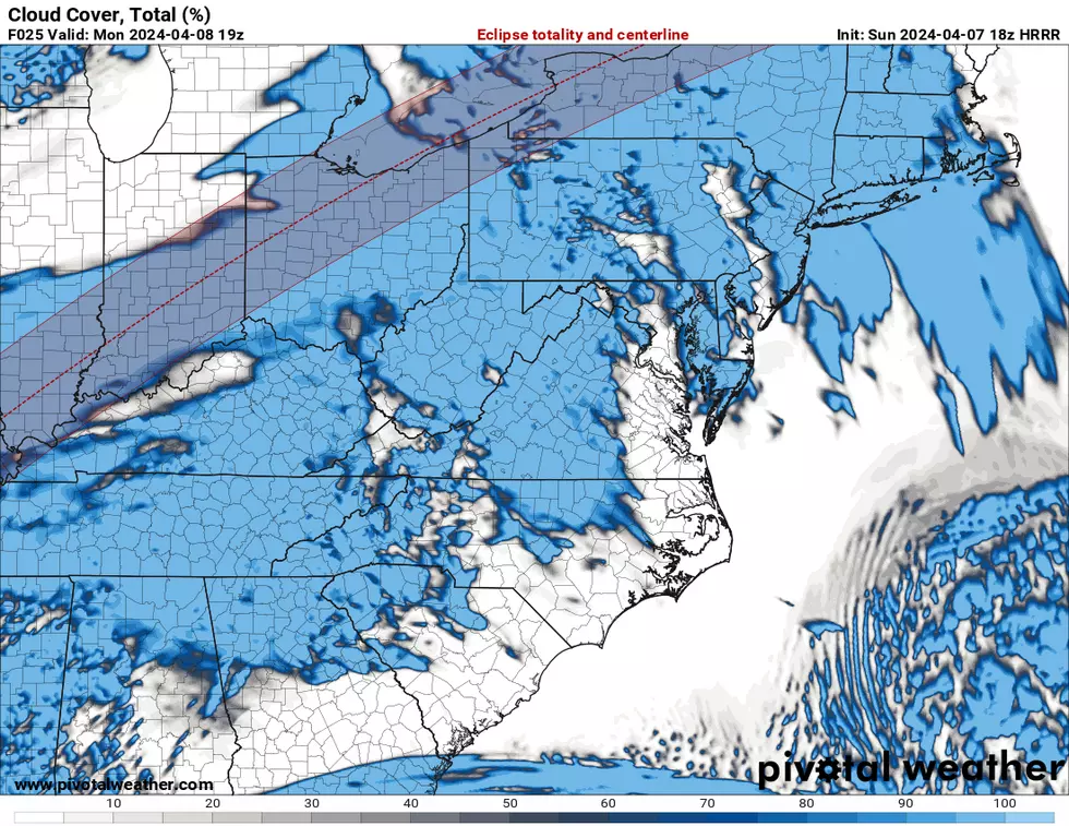 The HRRR model shows one possible depiction of cloud cover (blue) over New Jersey, with some breaks of clear sky. (Pivotal Weather)