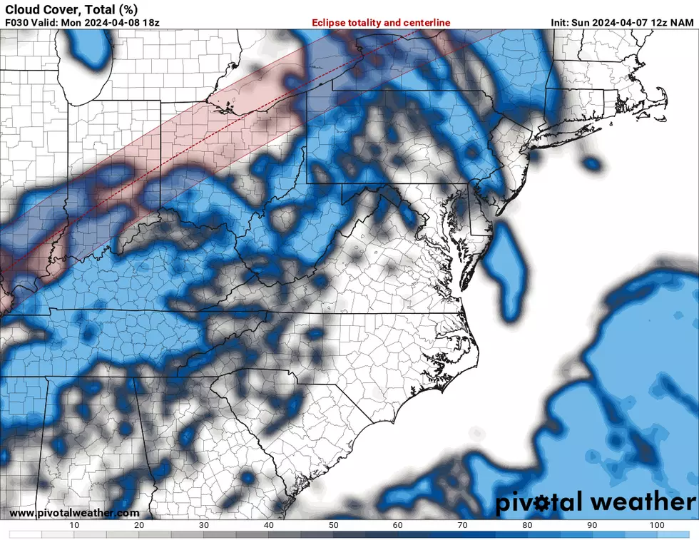 The NAM model forecast is a bit more optimistic, showing plentiful clear spots around mid-afternoon Monday. (Pivotal Weather)