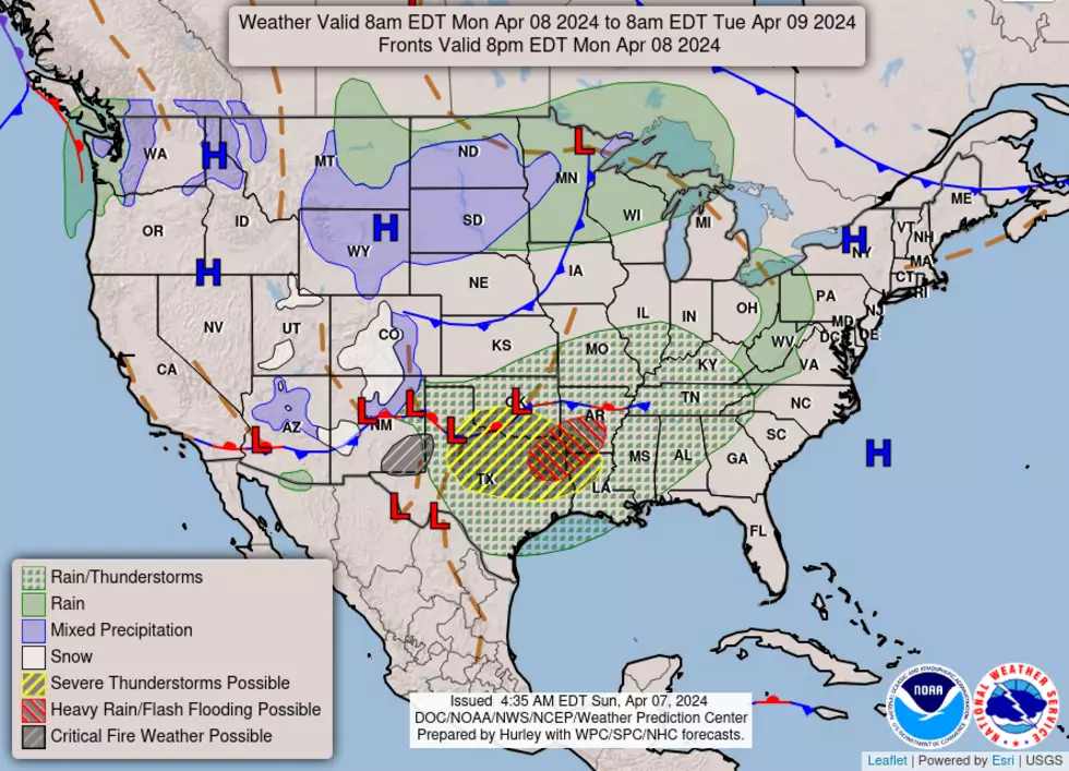 Monday's national weather forecast highlights a broad storm system over the southern United States, producing rain and cloud cover. (NOAA / WPC)