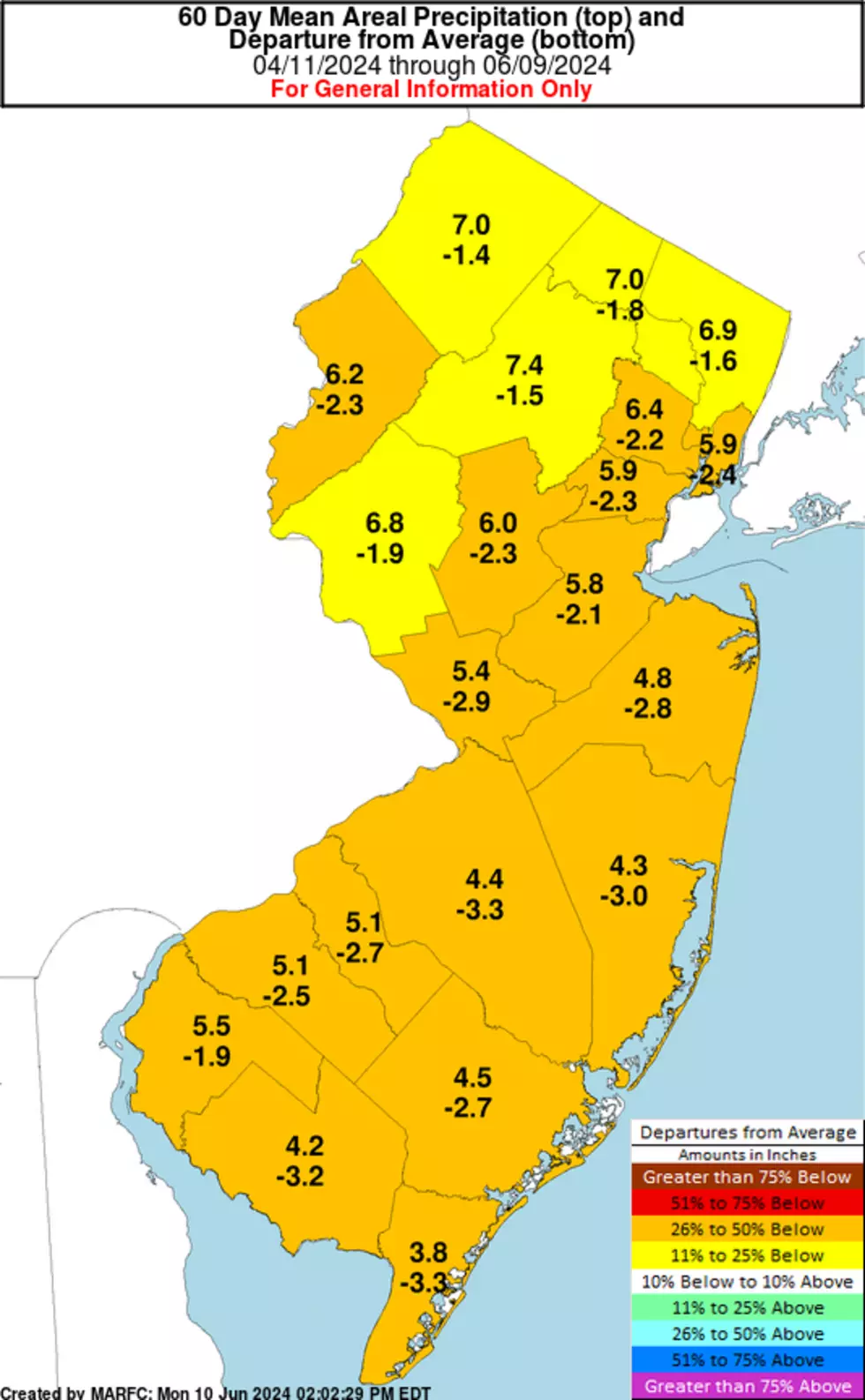 60-day precipitation departure-from normal estimates range from 1.5 to 4 inches, from north to south across New Jersey. (NOAA / NWS / MARFC)