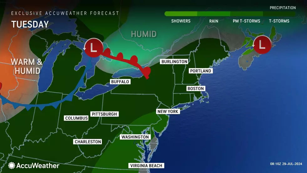 Late Tuesday turns wetter and stormier, as humidity increases too. (Accuweather)