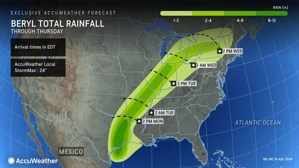 Although Beryl's rich remnant moisture will enhance New Jersey's late-week rain chances, we will fall out of the main plume of tropical rainfall. (Accuweather)