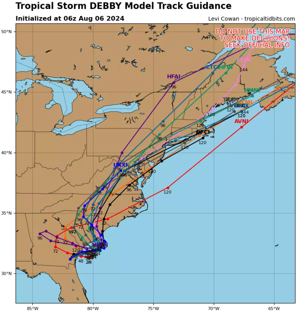 Forecast model tracks for the center of Debby, many of which show it passing directly over New Jersey on Saturday. (Tropical Tidbits)