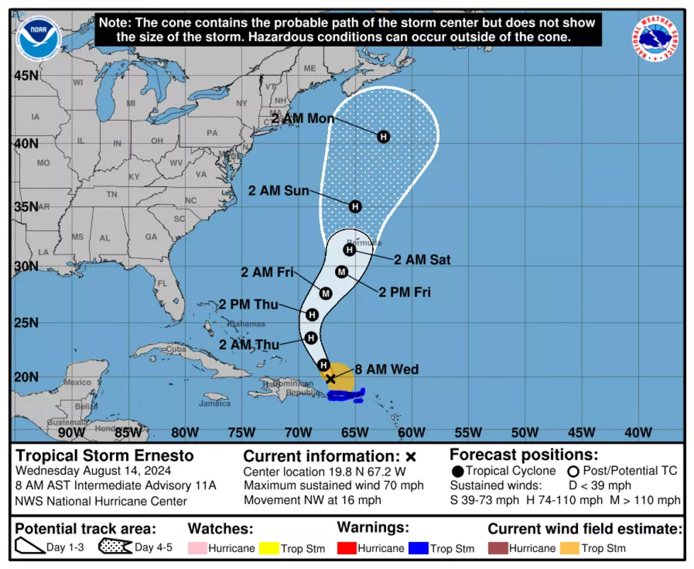 The latest stats and forecast track for Tropical Storm Ernesto, as of 8 a.m. Wednesday. (NOAA / NHC)