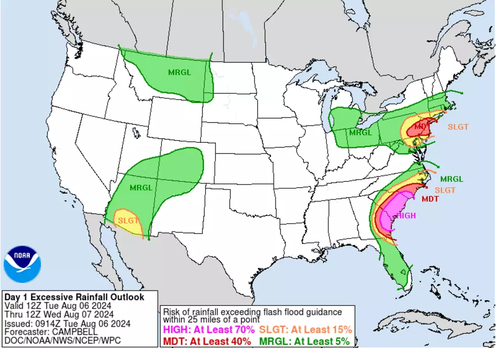 Tuesdays excessive rainfall outlook from the Weather Prediction Center puts New Jersey in an elevated risk of flooding rains. (Although not quite in the same category as the SE US.) (NOAA / WPC)