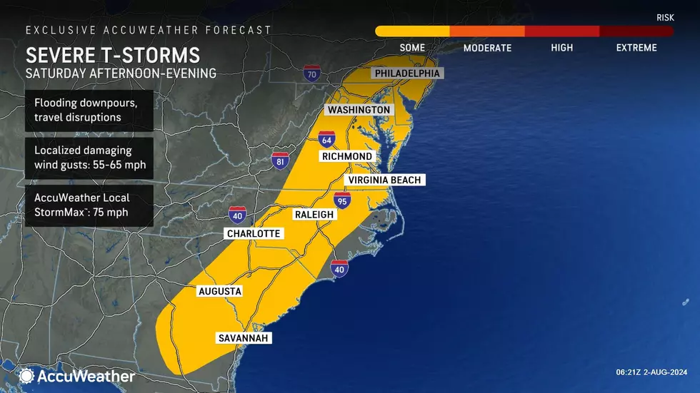 Strong storm cells may produce gusty winds, lots of lightning, and very heavy rainfall. (Accuweather)