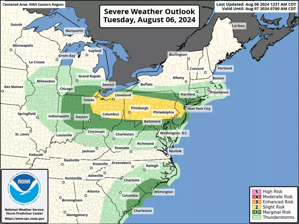Tuesday's severe weather outlook paints much of inland New Jersey in an elevated risk area for damaging thunderstorm-driven wind gusts. (NOAA / SPC)