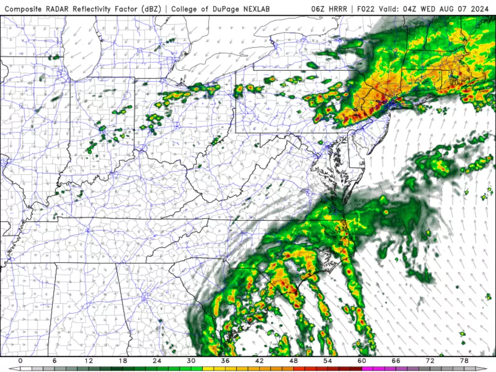 HRRR model forecast as of around Midnight Tuesday night. Note the pockets of very heavy rain and strong thunderstorms driving through northern and central New Jersey. (College of DuPage Meteorology)