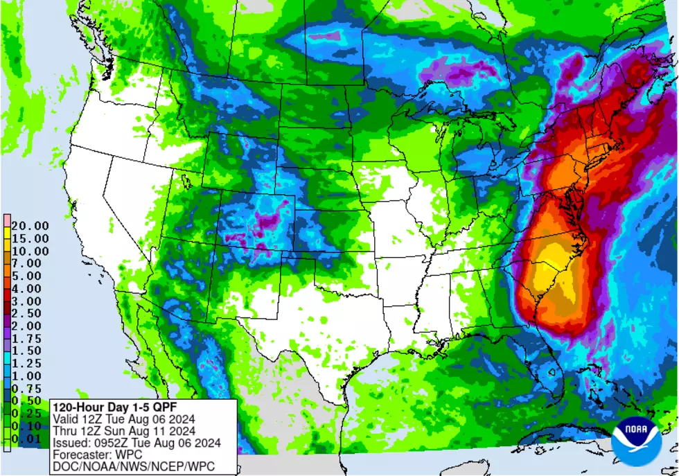 The 5-day total precipitation forecast, showing a huge swath of 3+ inch rainfall from Georgia to Maine. (NOAA / WPC)