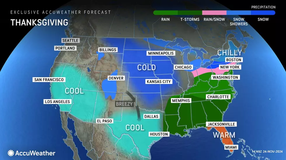 There is a chance of wintry weather north and west of New Jersey on Thanksgiving Thursday. Substantial rain to the south. (Accuweather).