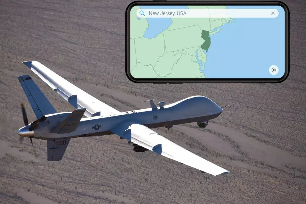 MQ-9 Reaper on training mission July 15, 2019, Illustration of NJ on map (U.S. Air Force photo by Airman 1st Class William Rio Rosado, Canva, Townsquare Media Illustration)