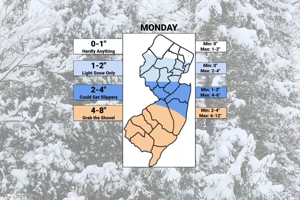 Latest snowfall forecast for Monday's winter storm, with added min/max potential snowfall for each contoured region, as of Saturday morning. (Dan Zarrow, Townsquare Media)