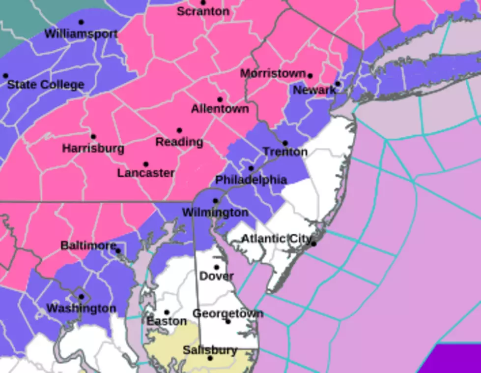 A Winter Storm Warning (pink) and Winter Weather Advisory (purple) have been issued in advance of Sunday's snow storm. (NWS / NOAA)