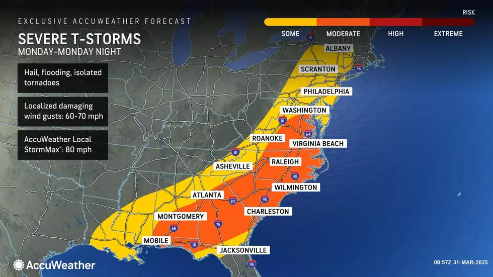 There is an elevated risk of damaging wind over New Jersey through Monday evening. An isolated tornado is even possible. (Accuweather)