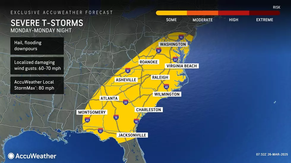 The early look at Monday's forecast shows a chance for strong thunderstorms late-day. (Accuweather)