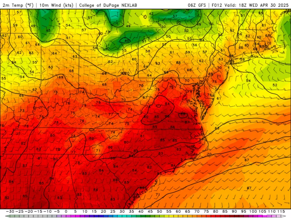 GFS model high temperature forecast for Wednesday afternoon, showing most of New Jersey returning to the 70s. (College of DuPage Meteorology).