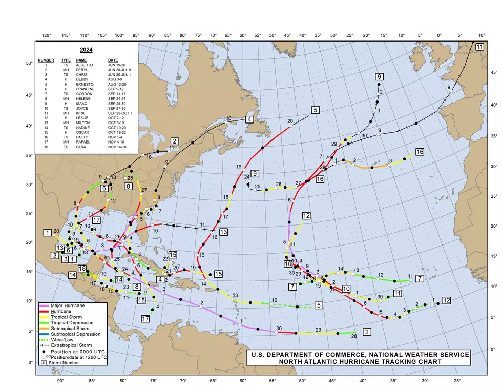 Tracks of all 18 tropical storms in the Atlantic basin in 2024. (NOAA / NHC)