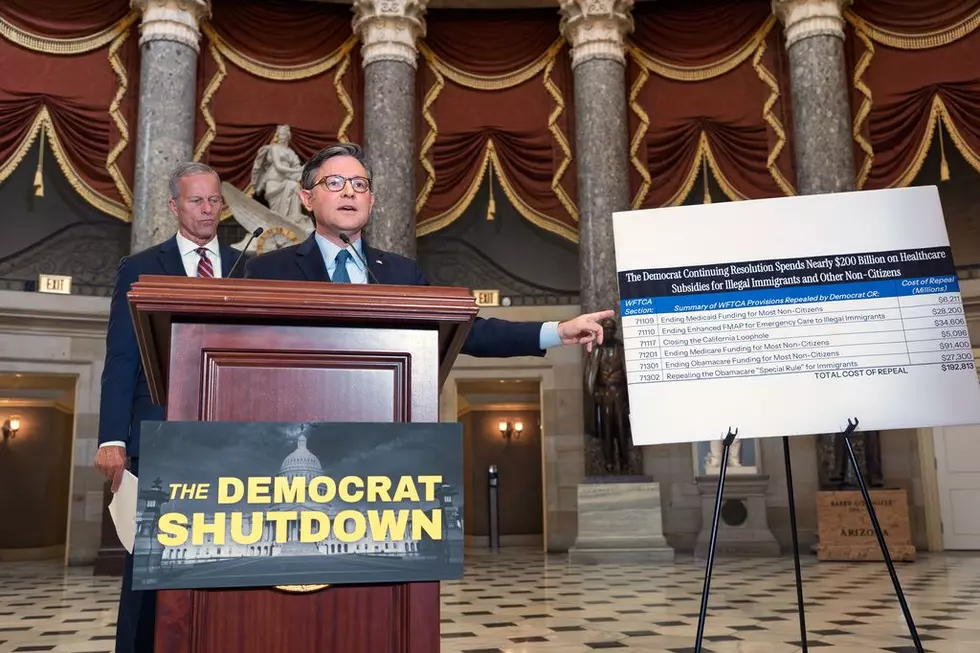 Speaker of the House Mike Johnson, R-La., right, and Senate Majority Leader John Thune, R-S.D., meet with reporters in Statuary Hall on the third day of the government shutdown, at the Capitol in Washington, Friday, Oct. 3, 2025. (AP Photo/J. Scott Applewhite)