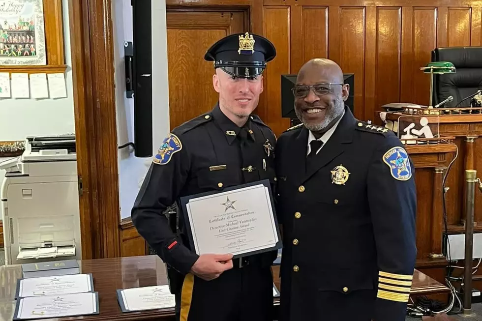 Det. Michael Vermeylen receives an award at the Bergen County Justice Center on Dec. 12, 2024. (Bergen County Sheriff's Office via Facebook)