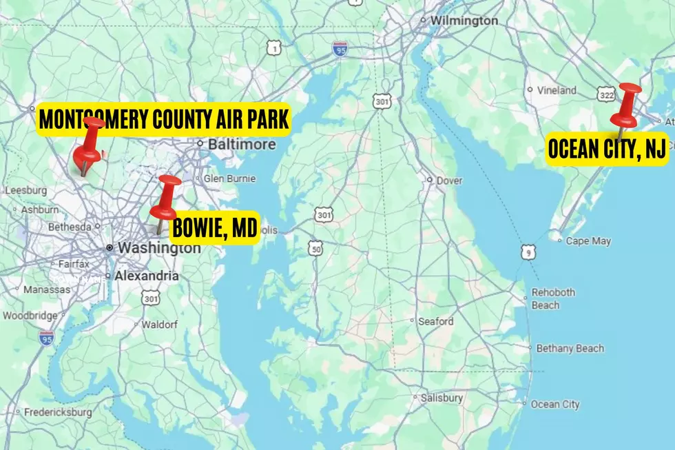 Map shows locations of Ocean City, NJ, the crash site in Bowie, MD and Montgomery County Air Park in Gaithersburg, MD