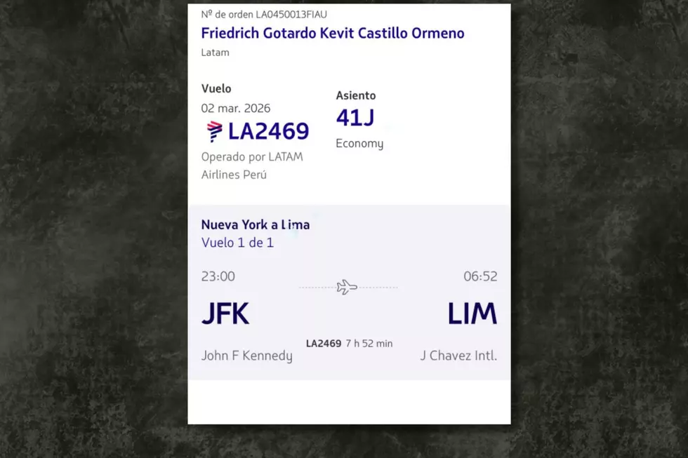 Plane ticket showing Friedrich Gotardo Kevit Castillo Ormeno traveled from JFK Airport in New York to Lima Peru on March 2, 2026.