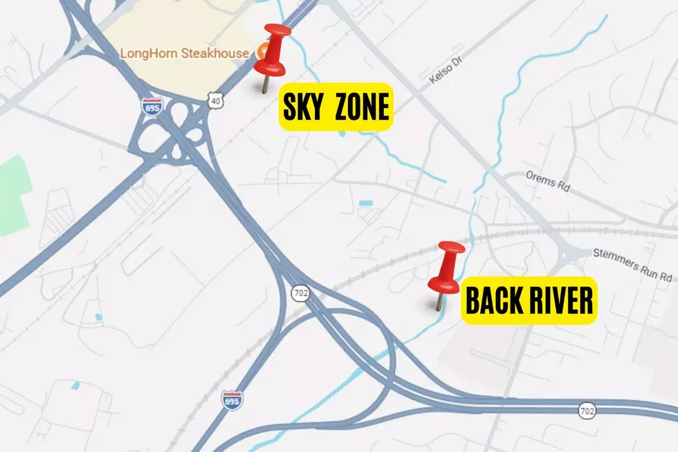 Map shows locations of Sky Zone and the Back River in Rosedale, Maryland