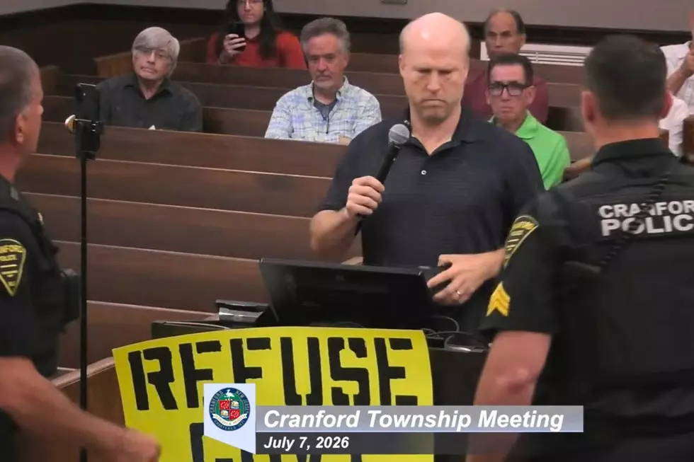Cranford police arrest Will Thilly after he refuses to acknowledge his time for public comment has expired. (CranfordTV35 via YouTube)