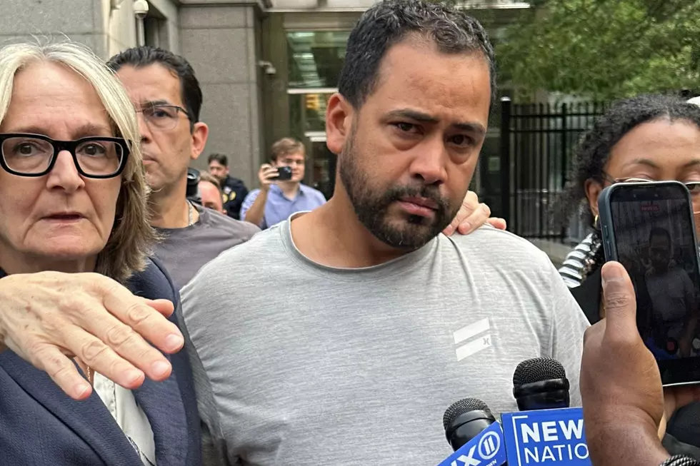Manuel Hernandez, center, leaves U.S. district court in Manhattan with his lawyer, Amy Gallicchio, on Monday, Aug. 10, 2026