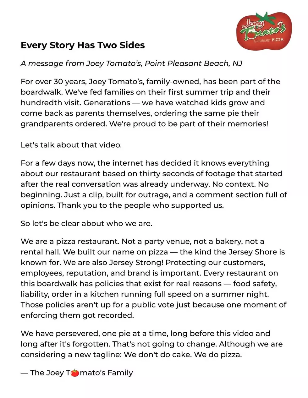 A message from Joey Tomato's about a viral video
