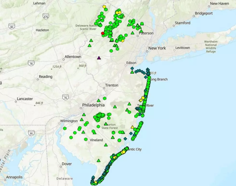 Map shows beaches with advisories (yellow) and closures (red) as of Wednesday, Aug. 19, 2026 (NJ DEP)