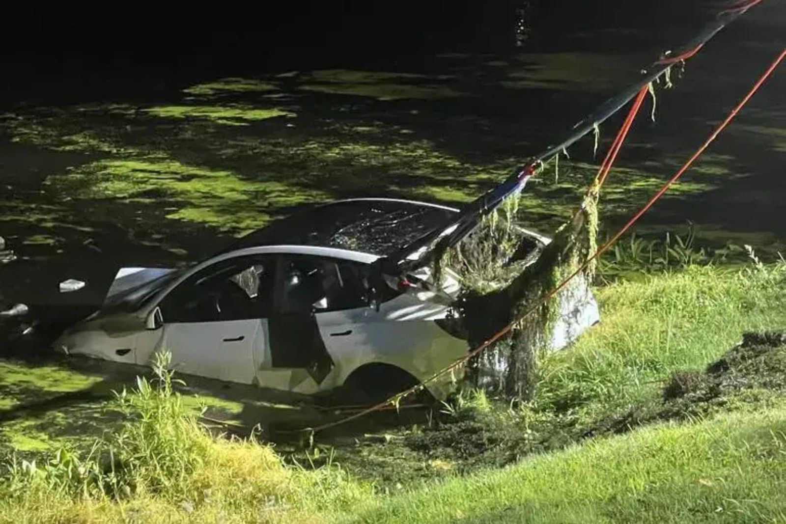 New Jersey driver escapes after Tesla plunges into pond