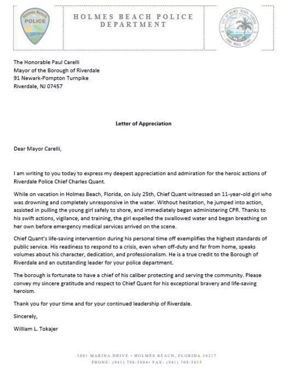 Letter from Holmes Beach, Florida Police Chief William Tokajer describing Riverdale Police Chief Charles Quant's heroics action on July 25, 2026