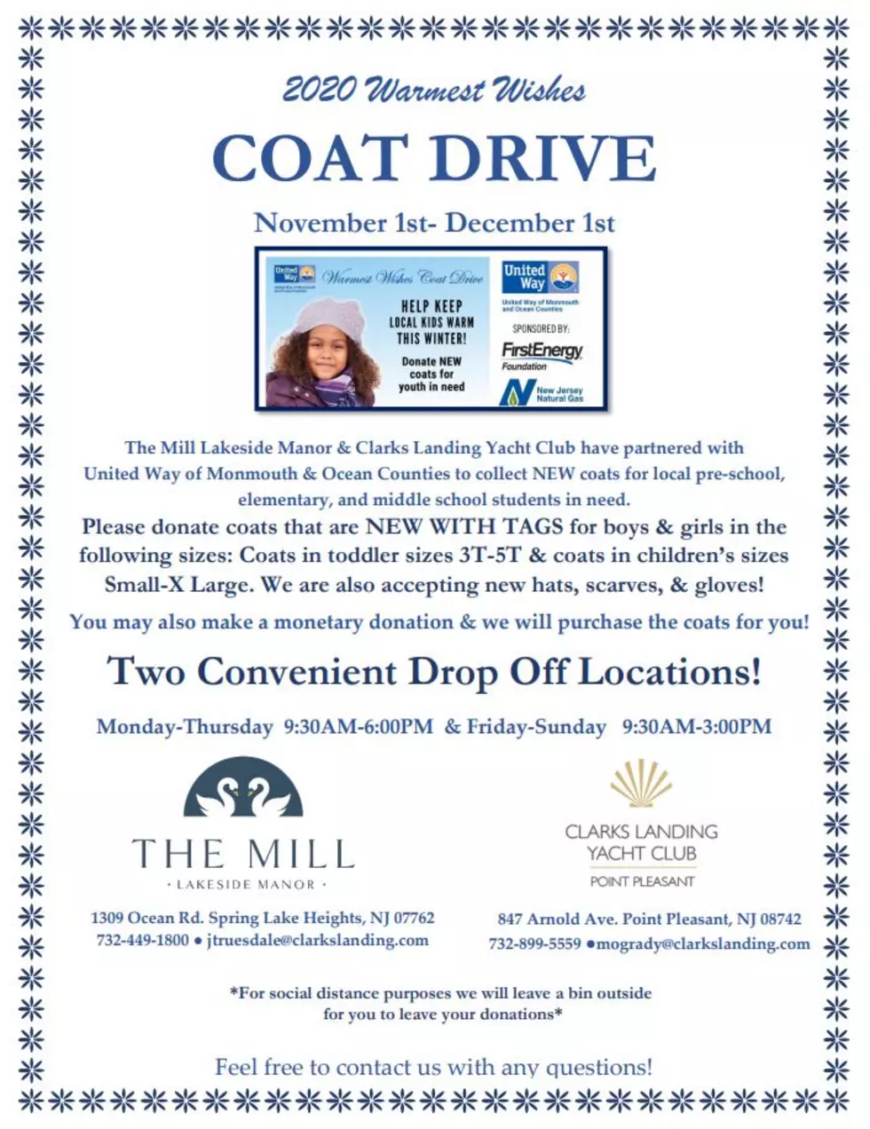 The Mill &#038; Clarks Landing Hosting Coat Drive For Kids In Need