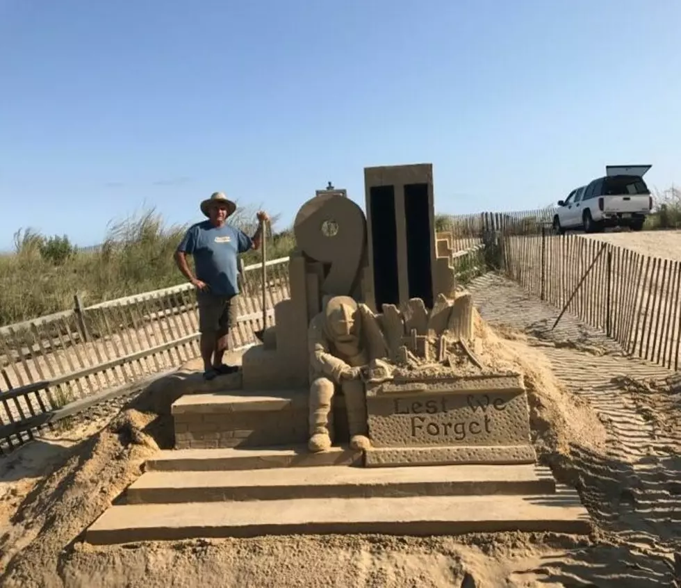 Twin Towers Sand Sculpture on Atlantic City Beach Remembers 9/11