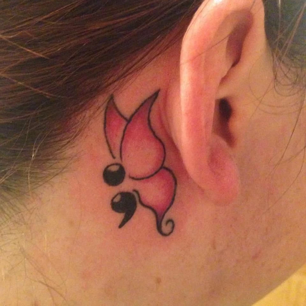 Pink shade Semicolon Butterfly Tattoo Behind Ear