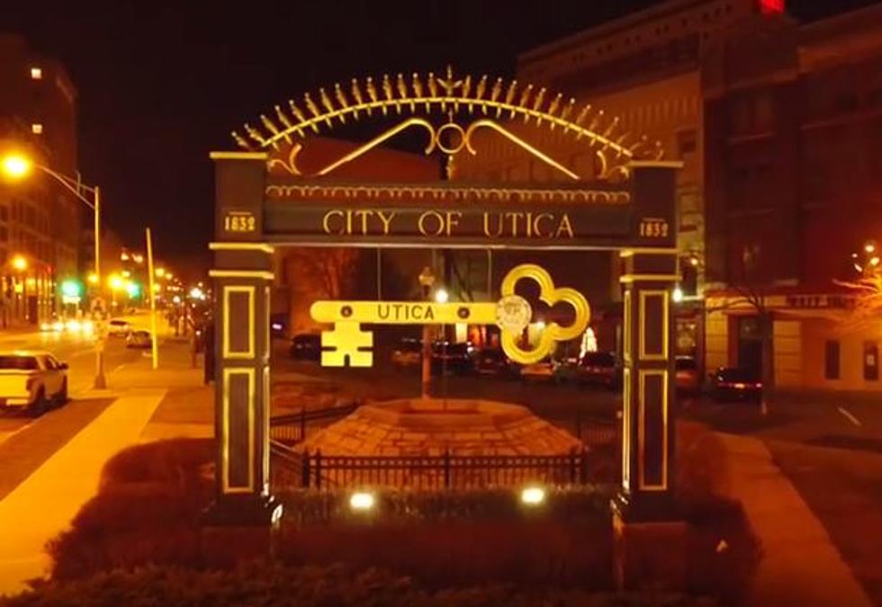 Aerial Nighttime Drone Flight Over Downtown Utica