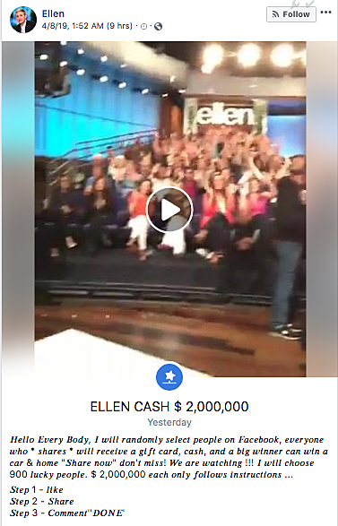 SCAM ALERT: Ellen Isn't Giving You Money In A Facebook Post