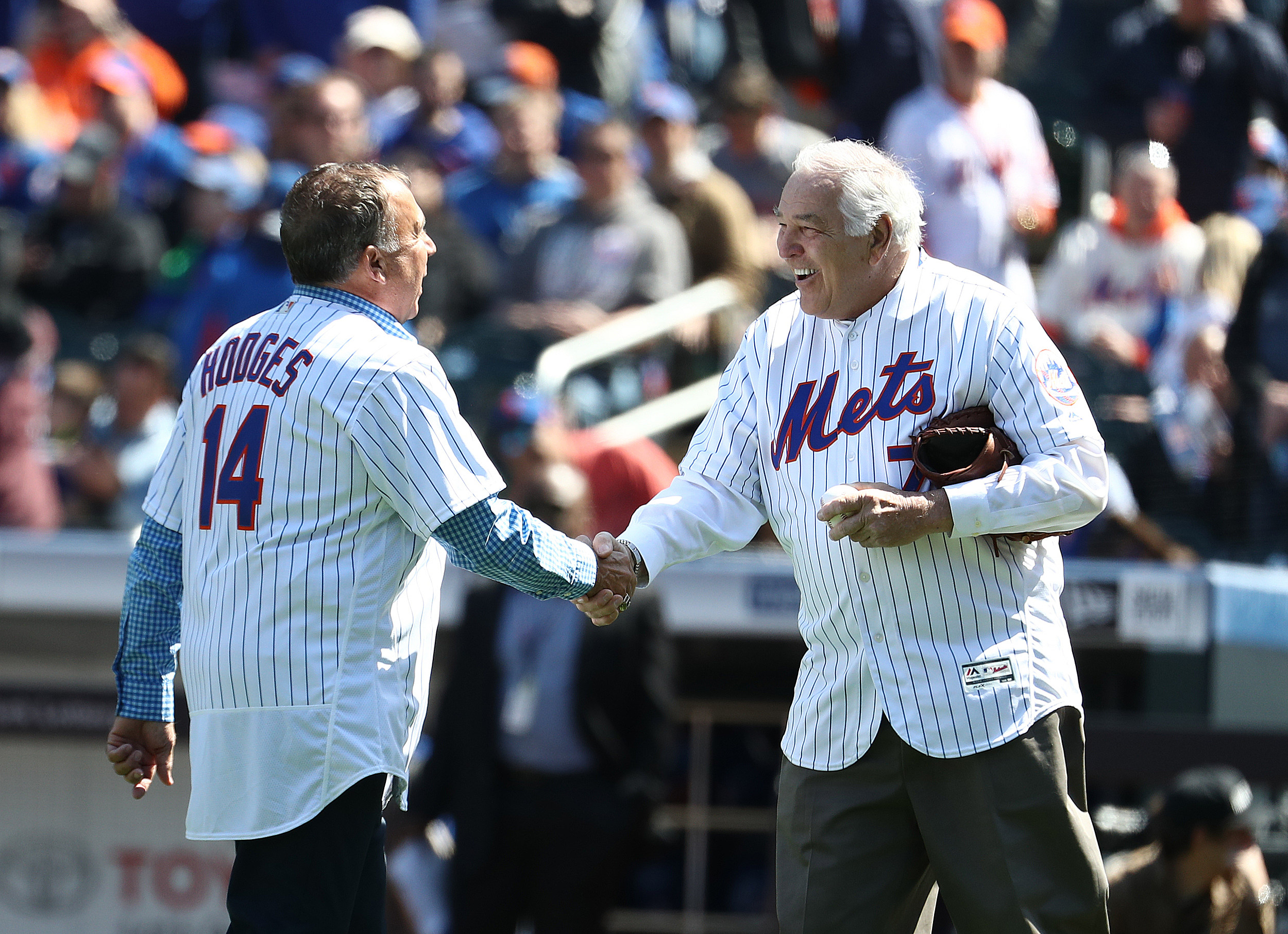 Gil Hodges Jr. throws out first pitch, then makes Hall pitch for
