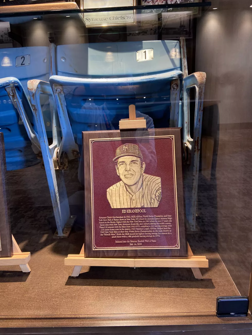 Ed Kranepool’s Syracuse Baseball Hall of Fame plaque on display at NBT Bank Stadium. Don Laible / TSM