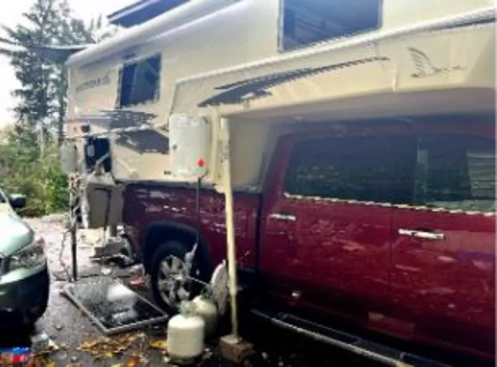 NYSP Troopers responded to reports of an explosion involving this pickup truck with an attached camper on Monday morning, Sept. 25, 2023 / via New York State Police