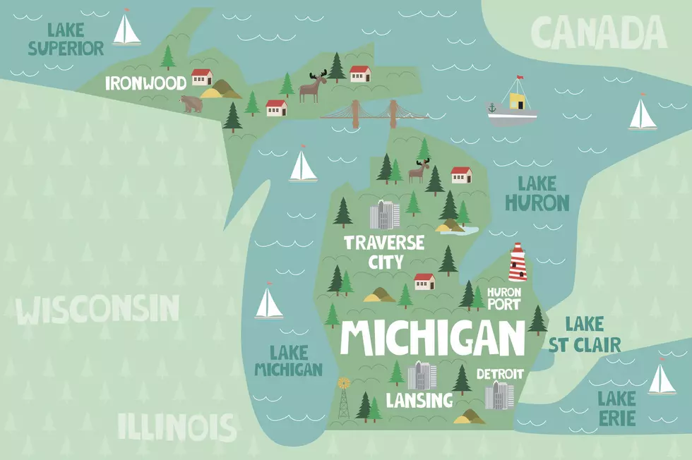 Illustrated map of the state of Michigan in United States with cities and landmarks. Editable vector illustration