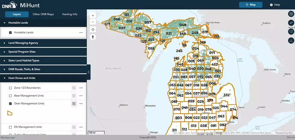 Maps can now show huntable lands with deer management units. Michigan Department of Natural Resources