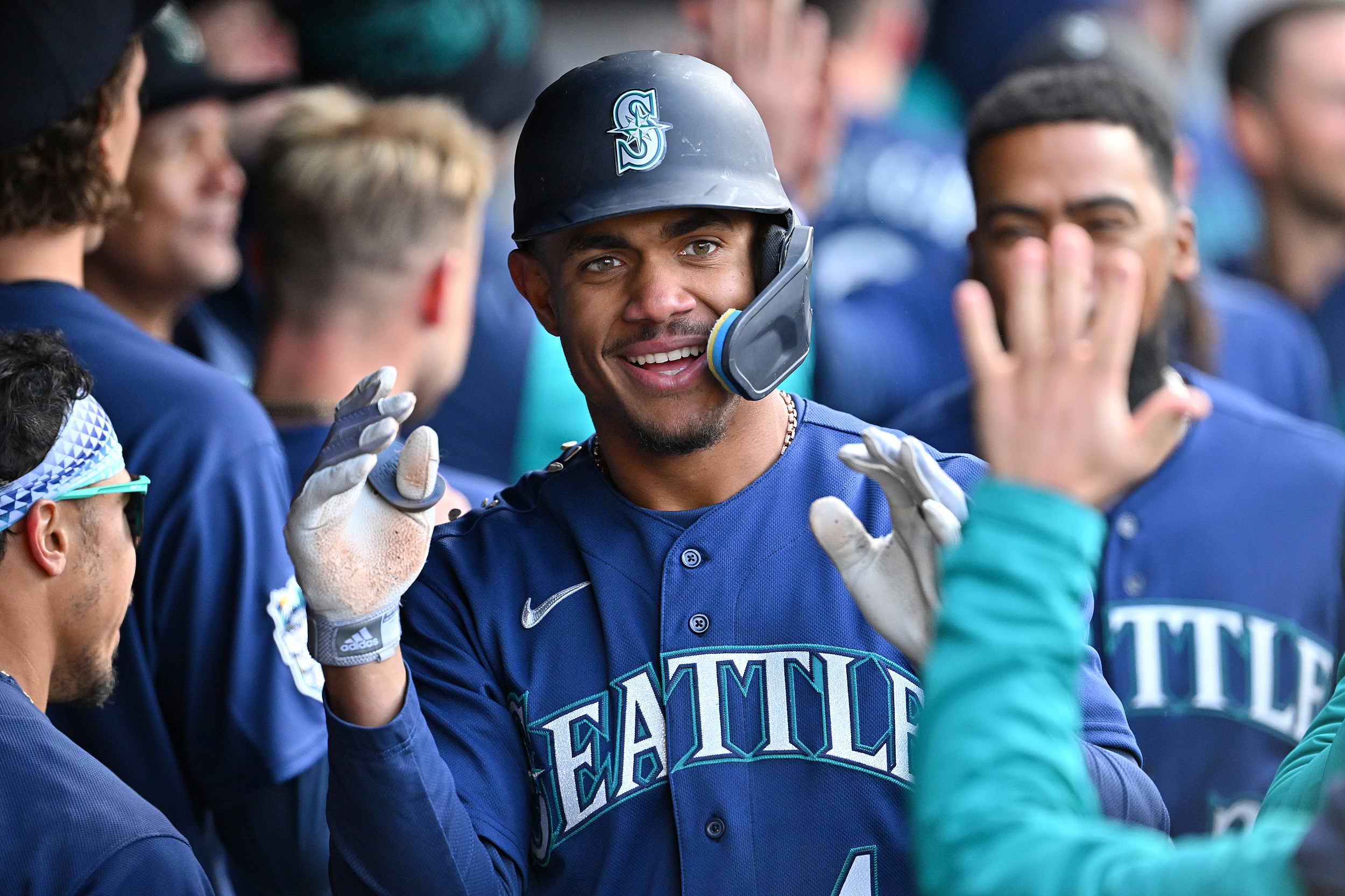 Julio Rodriguez of the Seattle Mariners reacts after hitting a double  News Photo - Getty Images