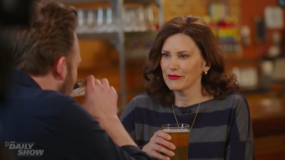 Governor Whitmer Shares a Bells Beer with Daily Show Host