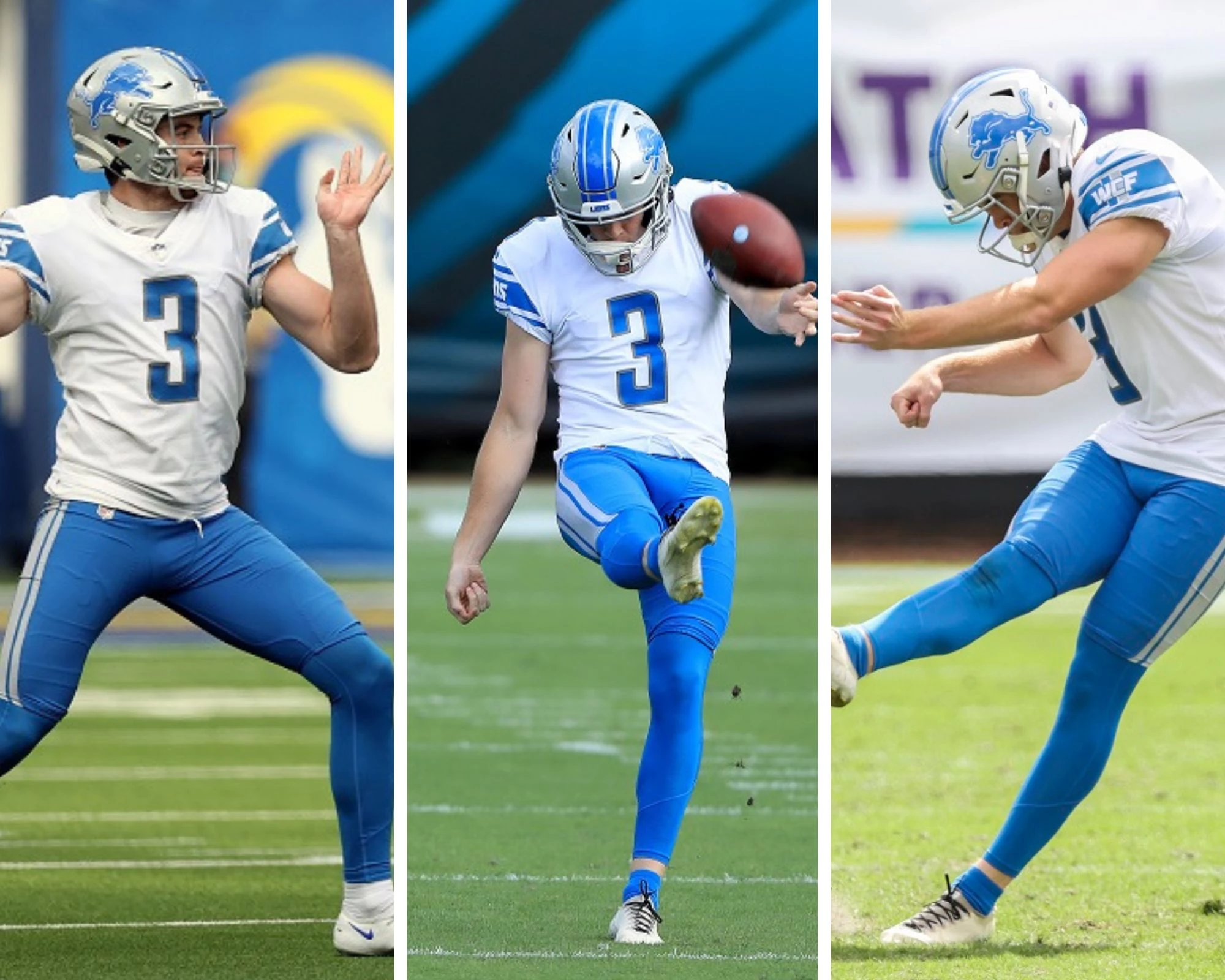 Detroit Lions punter Jack Fox (3) kicks off against the Seattle