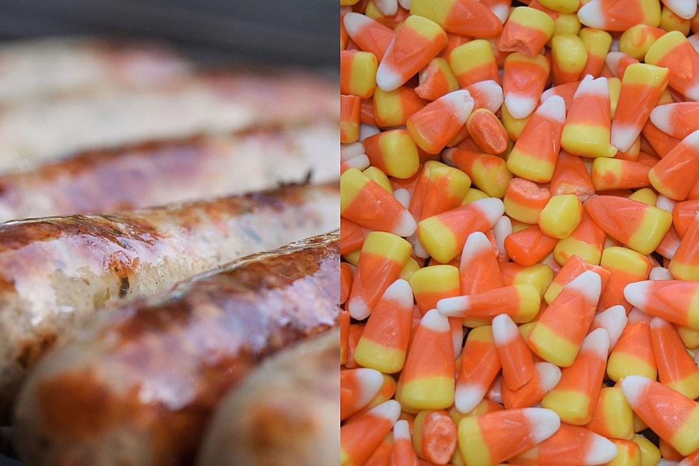 An Illinois Butcher made a Halloween inspired Candy Corn Brat